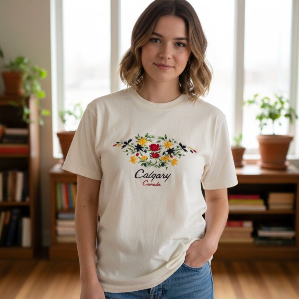 VINTAGE 90s Calgary Canada Tee Wildflower Embroidered Adult Womens Small‎